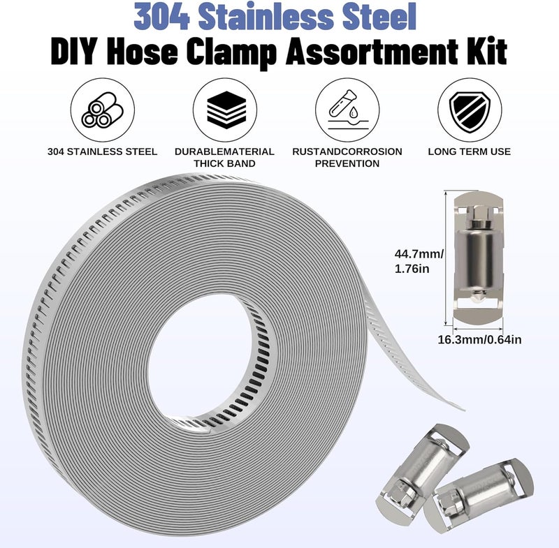 Ailbiuko Hose Clamps Assortment Kit,Worm Gear Duct Pipe Hose, 32.8FT 304 Stainless Steel Band Fittings Strap DIY Large Adjustable Metal Bolt with 20 Fasteners Screw for Plumbing Auto Tube Fuel Line - Image 3